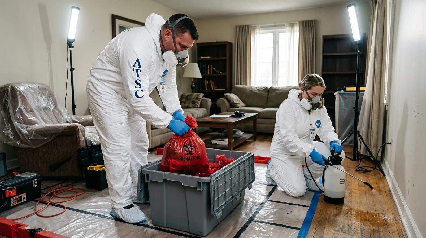 Professional Hoarding Cleanup technician in full PPE working in Henrietta